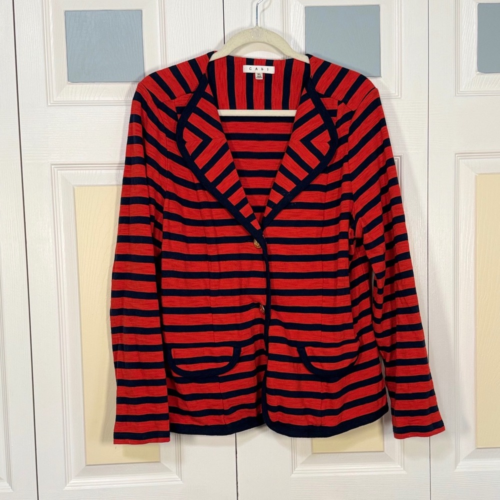 Cabi 224 Red Navy Blue Striped Knit Blazer Gold Anchor Button Nautical Jacket XL